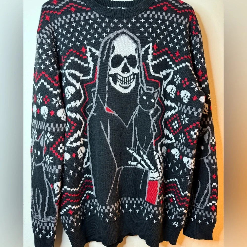 Killstar Gothic Skull & Black Cat Ugly Christmas Sweater XL Goth Holiday Knit - Picture 4 of 8